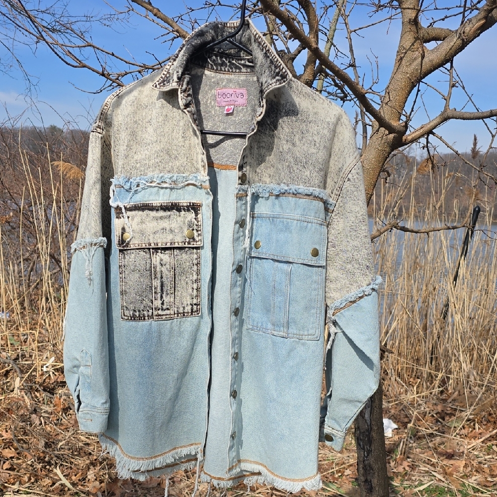 Two-Tone Distressed Denim Jacket - Light Blue/Washed Gray